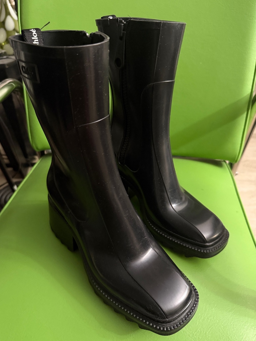 Chloe Glossy Black Mid-Calf Heeled Boots